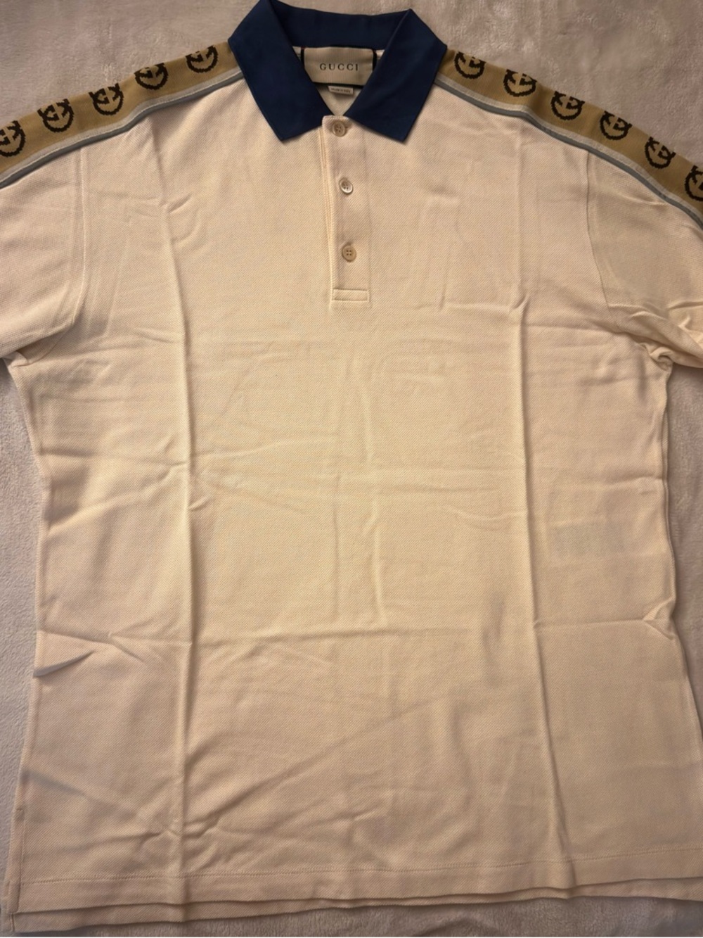 Gucci Cream Polo with Navy Collar and Logo Shoulder Trim